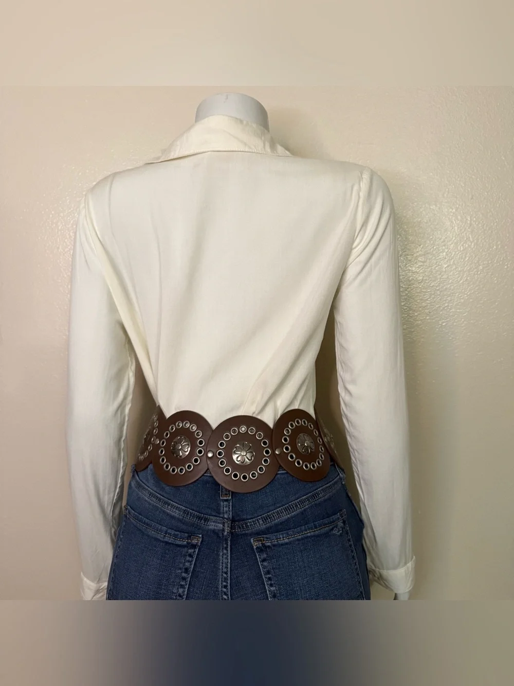 Brown PU leather concho belt with old silver tone buckle